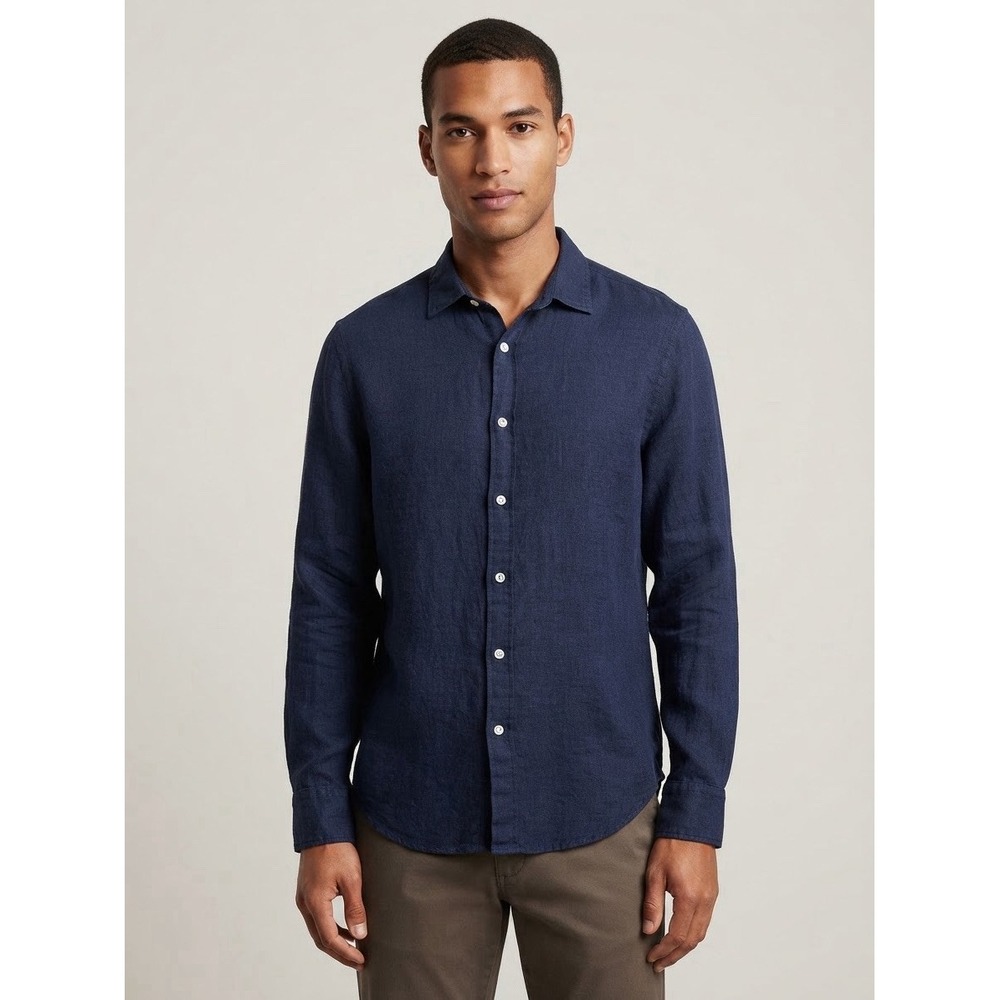 Banana Republic Untucked Mens 100% Linen Long Sleeve Shirt Navy Blue Medium NWT